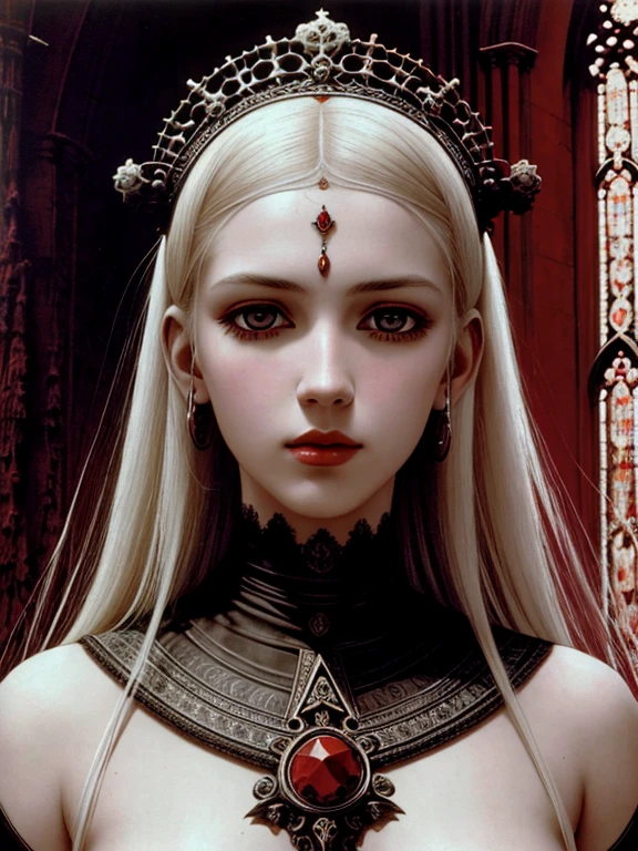 pale young divine gothic priestess, twintails, pure white skin, rust decay, Beautiful full body symmetrical portrait, Delicate blonde hairstyle, crimson eyes, dark red elegant gothic armor, encrusted with red gems, dark cathedral, masterpiece, Highest image quality, super detailing, upscaled, art by Zdzislaw Beksinski, art by H.R. Giger, absurdres, highres, (official art, beautiful and aesthetic:1.2), real, 4k, 8k,