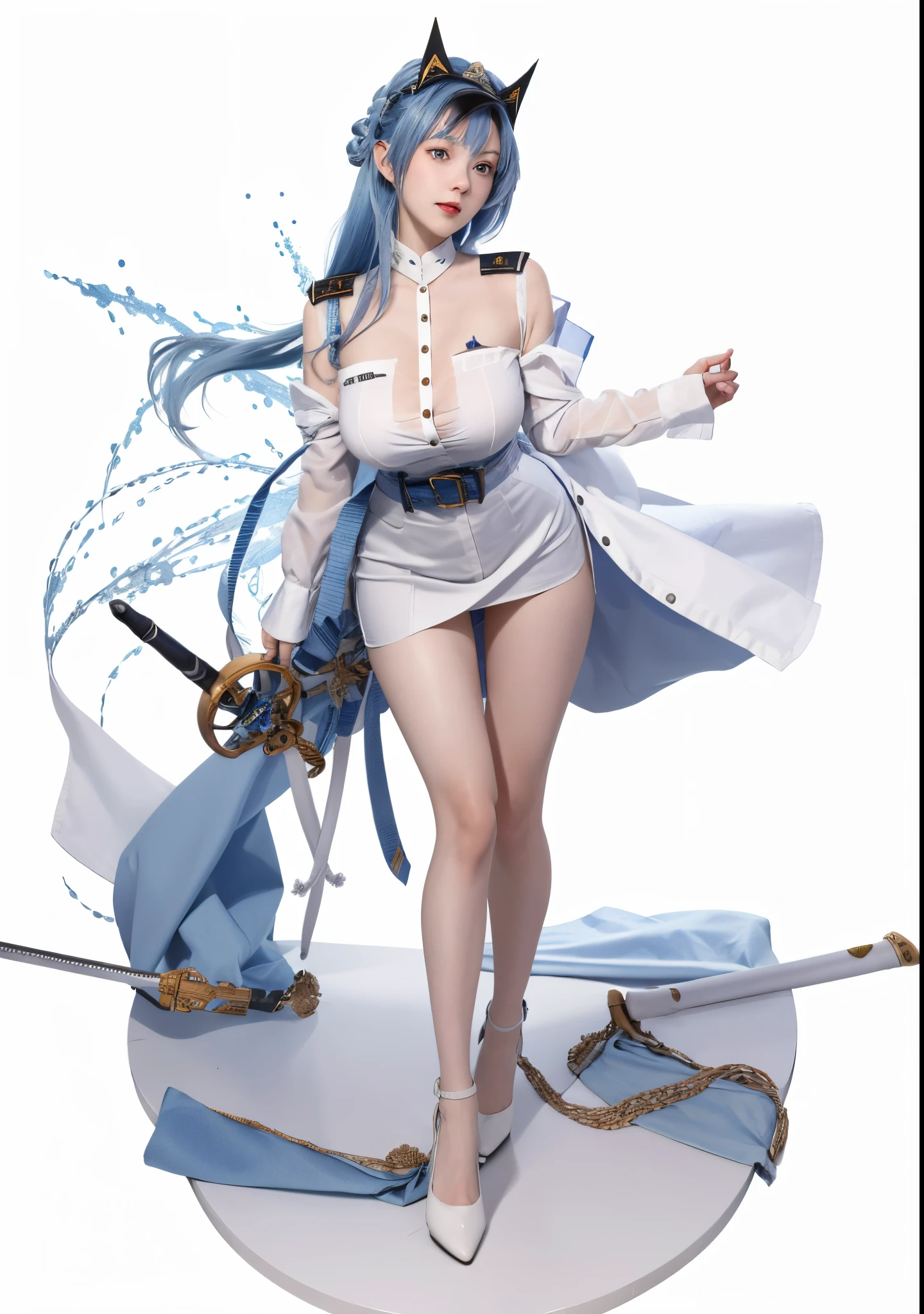 a woman in a white shirt and blue skirt holding a sword, azur lane style, from the azur lane videogame, kantai collection style, characters from azur lane, art of kirokaze pixel, kirokaze, kancolle, kantai collection arcade, pale blue armor, cushart krenz, pixiv 3dcg