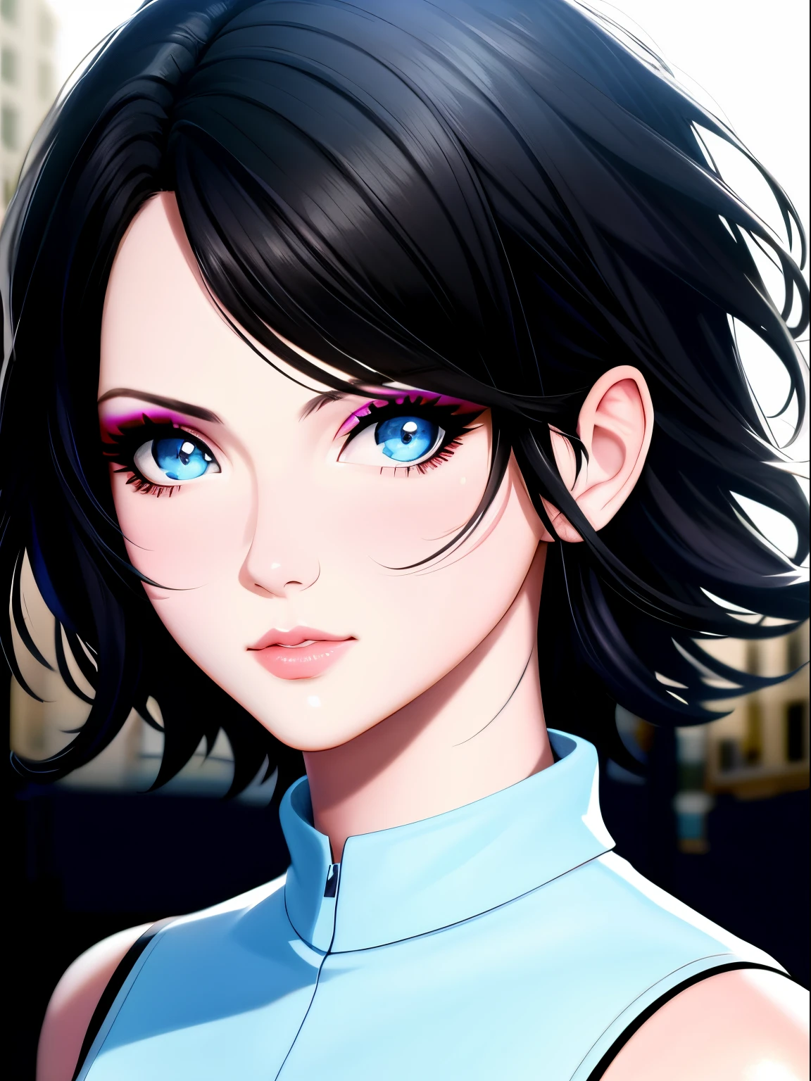 portrait modern city girl, short black hair, light blue eyes, backlight, Katarina_Valentine, makeup, detailed eyes, symmetrical face, dynamic hair movement, dynamic pose, artstation, sharp focus, photorealistic, 35mm, ultra detail, 4 k, radiant light