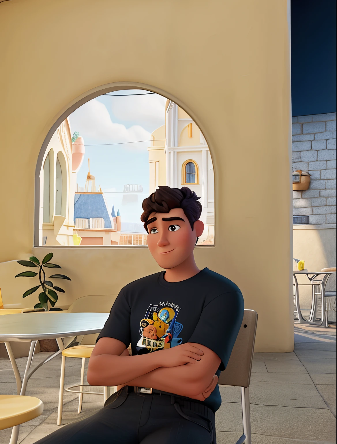 disney pixar 3d cartoon, there is a man sitting on a chair in a patio area, he is about 20 years old, in a cafe, wearing black