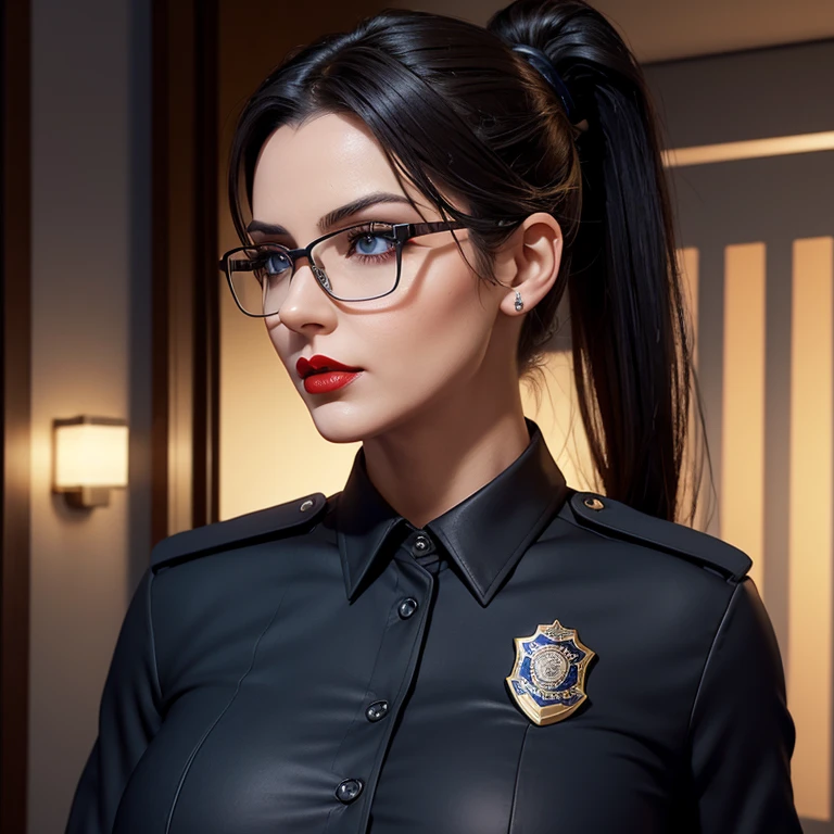 European woman, 30 years old, There is an adult woman dress as a police officer, police department, police officer, glasses, Dark hair, red lips, Eye shadow, slutty makeup, Ponytail, beautiful chest, big breasts,Second Life Avatar, Beautiful screenshot, Second Life, front view view, bottom view, attractive woman, high quality, highly detailed skin