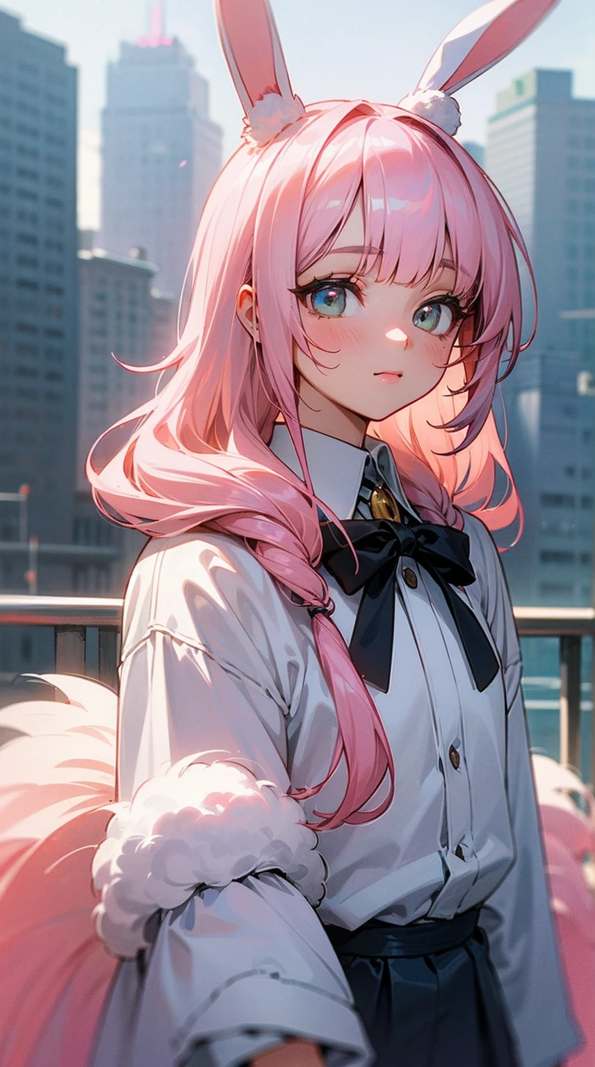 (masterpiece), best quality, bunny girl, (bunny ears:1.2), (long pastel pink hair), (hair bangs), (hair hiding ears), (hazel eyes:1.2), (extremely detailed eyes), (fluffy bunny tail), (wearing modern clothing), side view, soft smile, city background