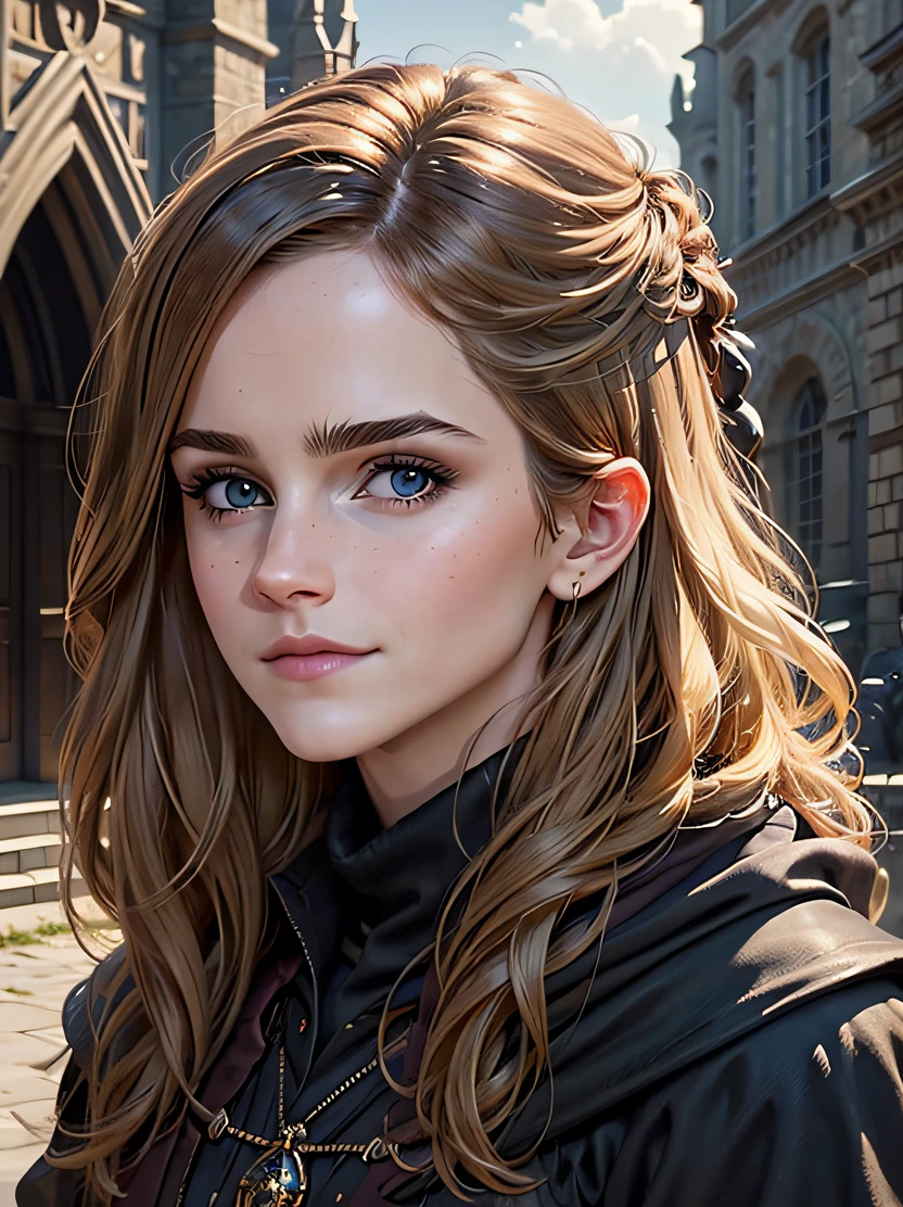 (((masterpiece、top-quality、ultra-detailliert、ighly detailed)))、Unique lighting effects、cowboy shot、face lights、(((Portrait of a 40 year old female wizard)))、cowboy shot、femele、Emma watson、Elegant person、slender physique、Sorcerer、Black magician's robe with delicate and intricate pattern(Hooded)Wearing、(Wearing a black hood)、Dirty Blonde Hair、Big blue eyes、Detailed face and eyes、Sharp eyes、Focus from the waist up、A slight smil、Detailed hand depiction、summer afternoon、University Auditorium、Medieval city gate behind、Fantasyart、dark fantasy vibe、Dynamic action、watching at viewers