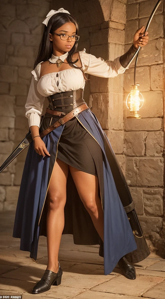 Nerdy black girl wearing a low-cut medieval blouse, tight medieval pants, medieval shoes, with prescription glasses and a bow of light in her hands. Perfect body, proportional breasts, proportional butt, shapely legs, tattoo of a white eagle on the arm, blue and active eyes, full and delicate mouth, proportional ears, full cheeks, round face. Medieval environment, in a Battle pose with his bow of light in his hand, full body, 1.55 tall.