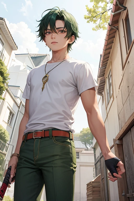 A 13-year-old boy with a beautiful physique, green hair and red eyes, wearing a white shirt and dark yellow pants, and carrying a small dagger in his hand.