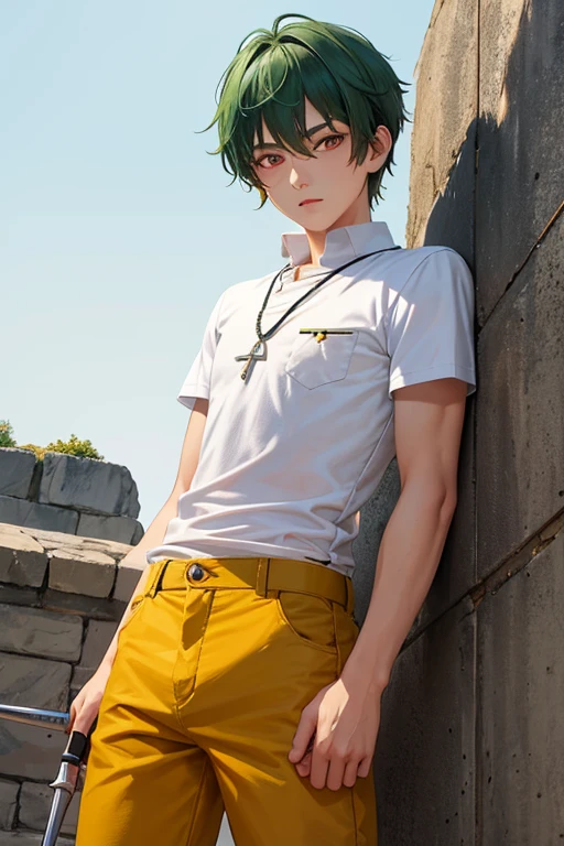 A 13-year-old boy with a beautiful physique, green hair and red eyes, wearing a white shirt and dark yellow pants, and carrying a small dagger in his hand.