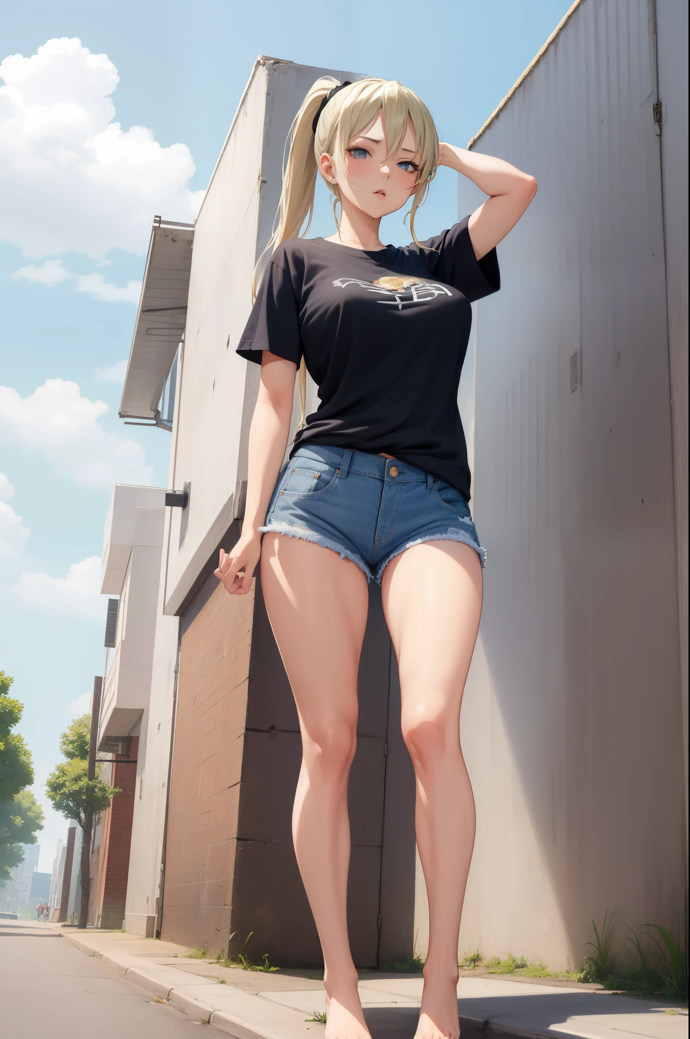 masterpiece, best quality, absurdres, perfect anatomy, 1girl, solo, Love Espada, long hair, ponytail, breasts, t-shirt, denim shorts, standing, outdoors, city, hands in pockets