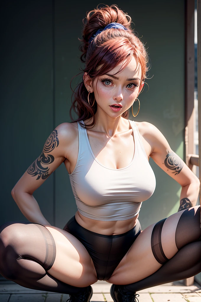 4K, 40 years old woman, skinny, squatting spread legs, full body view, perfect legs, hightights, beautiful expresive face, short tank top, little perky tits, shorts, earings, tattoo, bepiercing,