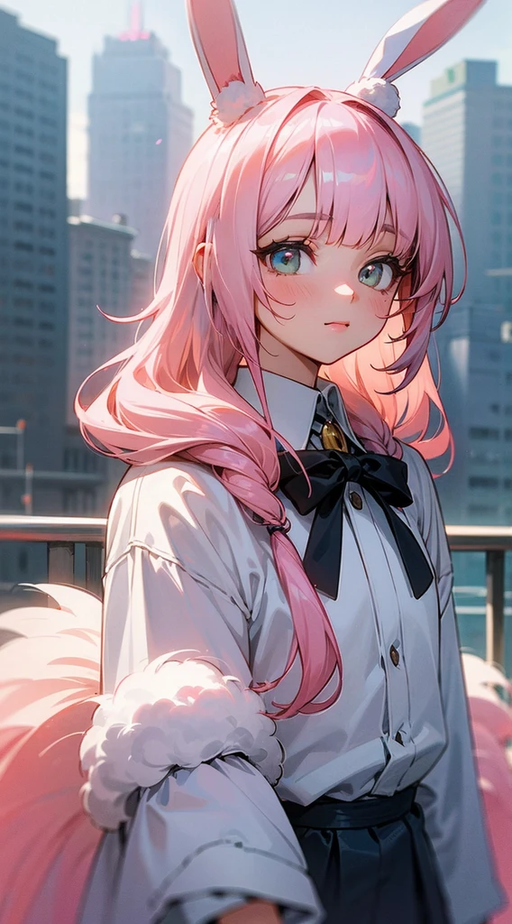 (long pastel pink hair), (hair hiding ears)