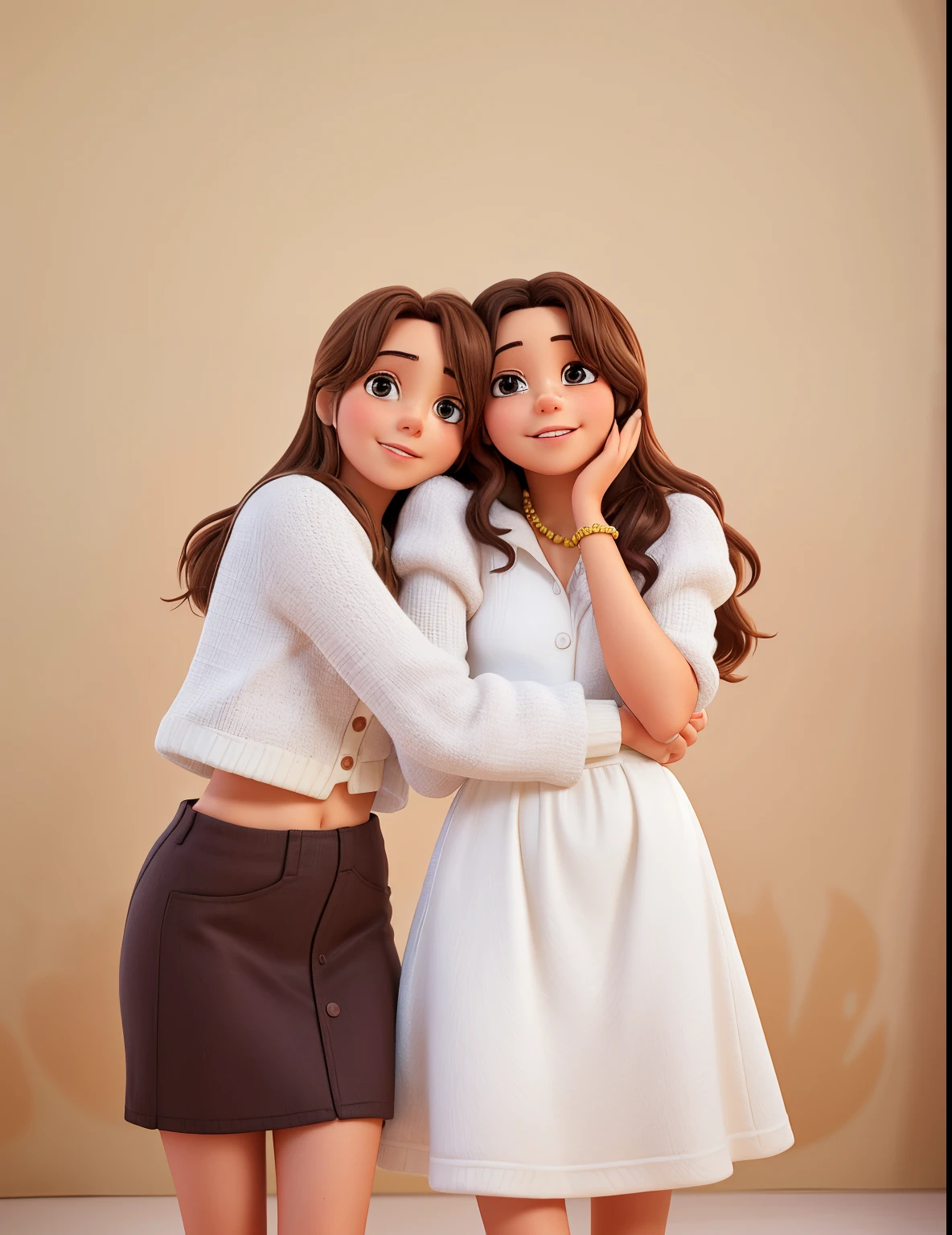 two women posing for a picture with their hands together, modeling for dulce and gabanna, annoying sister vibes, two girls, sisters, smooth in _ the background, photo shoot, photoshoot, with a twin, in front of white back drop, shot in the photo studio, older sister vibes, casual pose, hugging each other, childhood friend vibes, photo session, disney pixar, 3d cartoon,