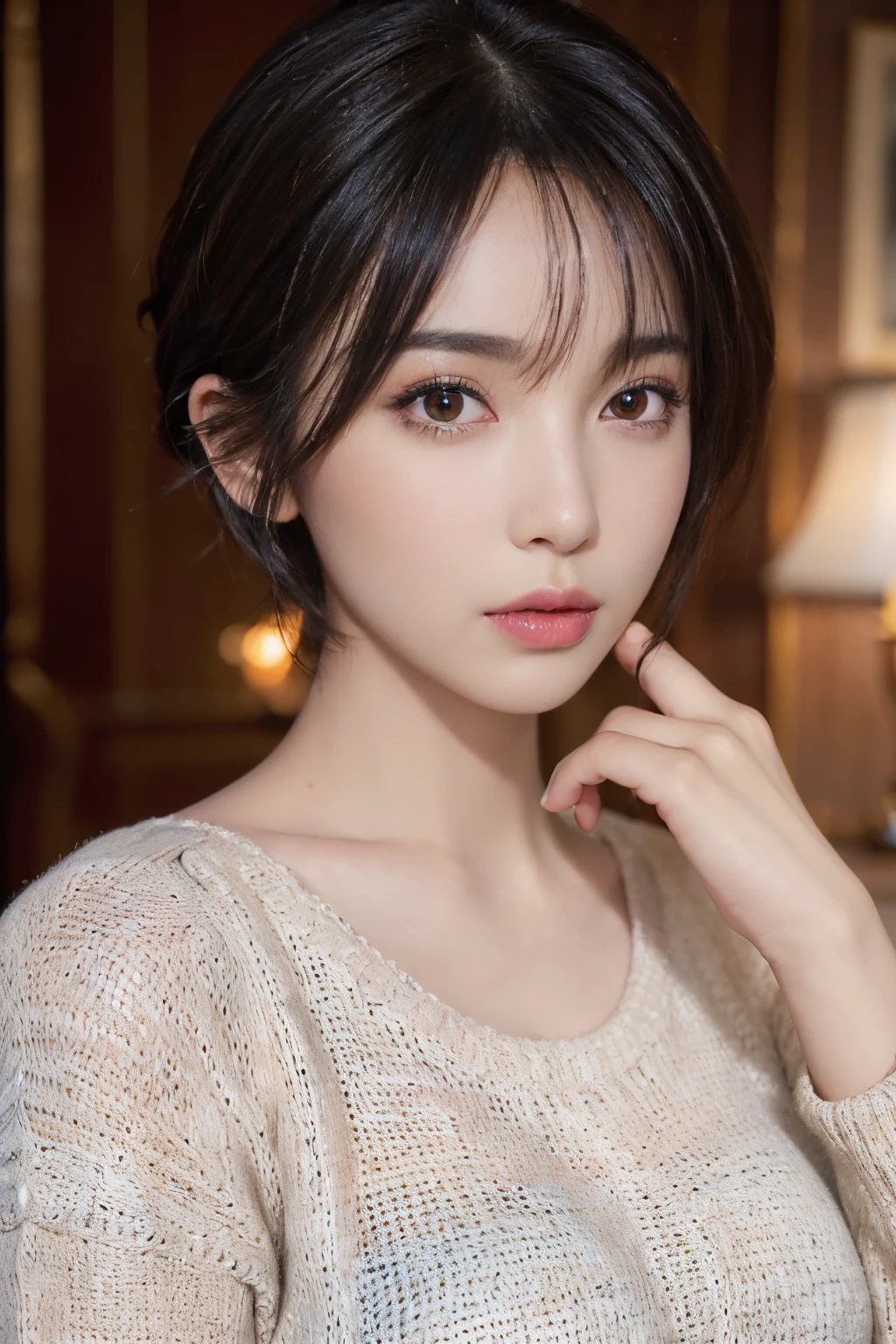 (Masterpiece: 1.3), (8k, Photorealistic, RAW Photo, Best Quality: 1.4), (1girl), Beautiful Face, (Realistic Face), (Black Hair, Short Hair: 1.3), Beautiful Hairstyle, Realistic Eyes, Beautiful Detail Eyes, (Realistic Skin), Beautiful Skin, (Sweater), Absurd, Attractive, Ultra High Definition, Ultra Realistic, High Definition, Golden Ratio,