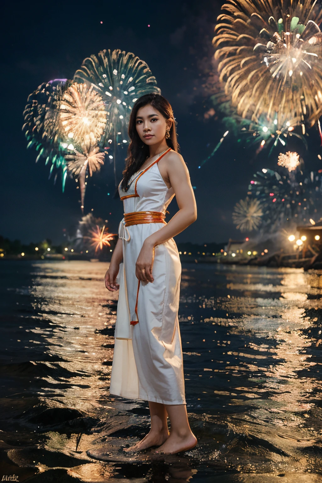 photorealistic photo A beautiful woman wearing a traditional Thai dress stands at the water's edge, full body, with fireworks in the background.