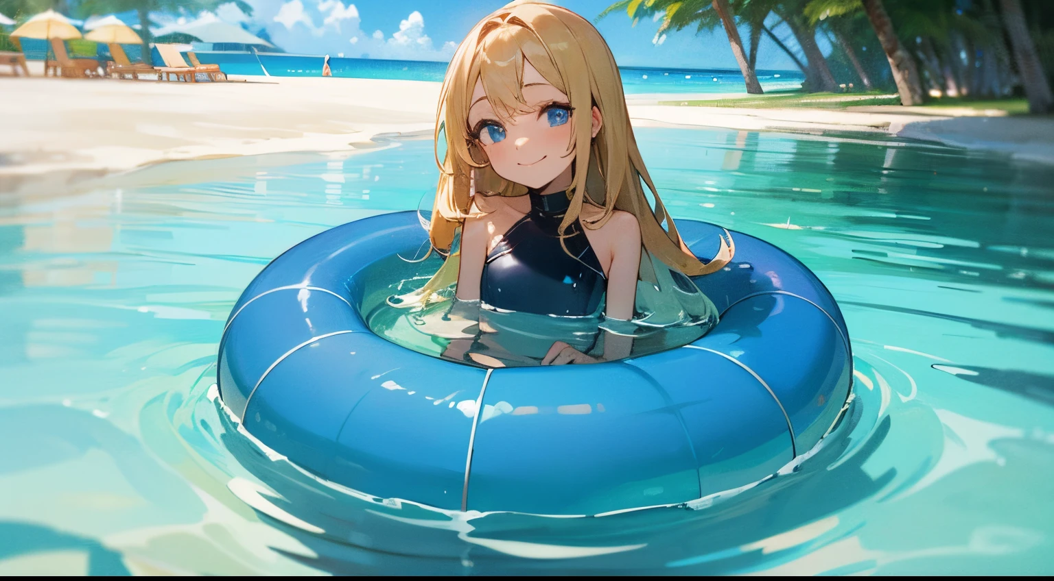 Blonde longhair、de pele branca、small stature、Undersized breasts、Young Face、innocent smiles、Blue eyes、swim wears、Resorts、private beach、