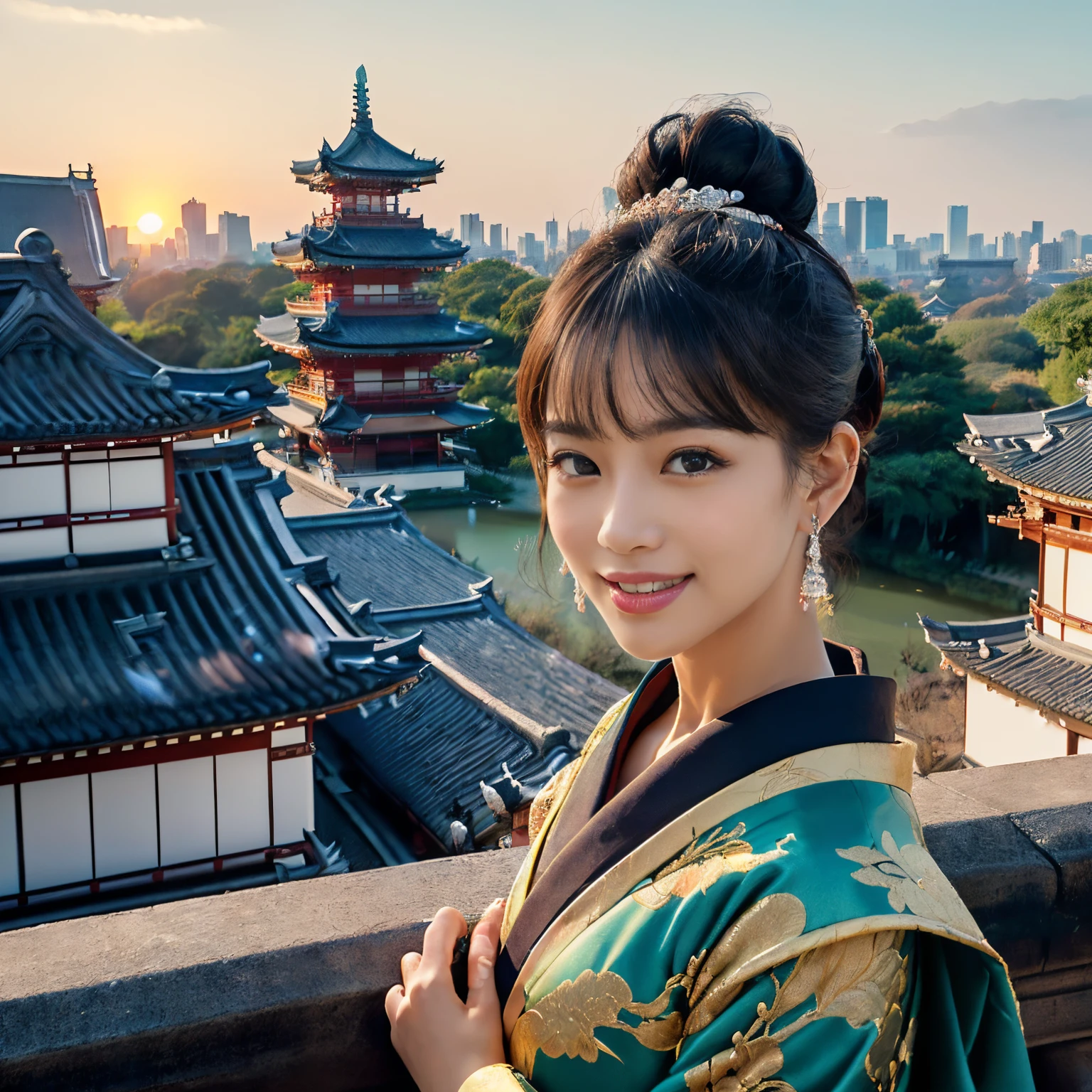 ((top-quality、masutepiece、8K、Top image quality、Very complex and detailed details、Very vivid、a high chroma))、(1 photo:1.7)、(the princess is near、Complex cityscape with depth in the background:1.7)、(Close-up photo of a woman :1.5)、(Take a photo from the upper body of the princess:1.5)、(perfect anatomia:1.2)、(very vivid sunset sky:1.3)、((1 Princess、empress、Princess of the Heian period、perfect chignon、Mainly female close-ups、Standing in a gorgeous city、High class courtesan kimono))、((Atmosphere of the Heian period、Beautiful Niwa-lacquered pillars、gorgeous city、The most luxurious royal palace of the Heian period、A huge and majestic Niwa-lacquered building、Beautiful and perfect Heiankyo、beautiful and luxurious tiled roof、many luxurious buildings、Lots of buildings、Sparkling sunset、Beautiful sunset、Fantastic sunset、spectacular dark sunset、shining dark sunset、spectacular movie lighting、the most luxurious capital、luxurious and luxurious building、Complete reproduction of the splendid Heian capital、The perfect capital of Heiankyo、luxury city、Townscape of the Heian period、Perfect reproduction of Japan、Heian period))、(View me、Look at viewers、A smile)