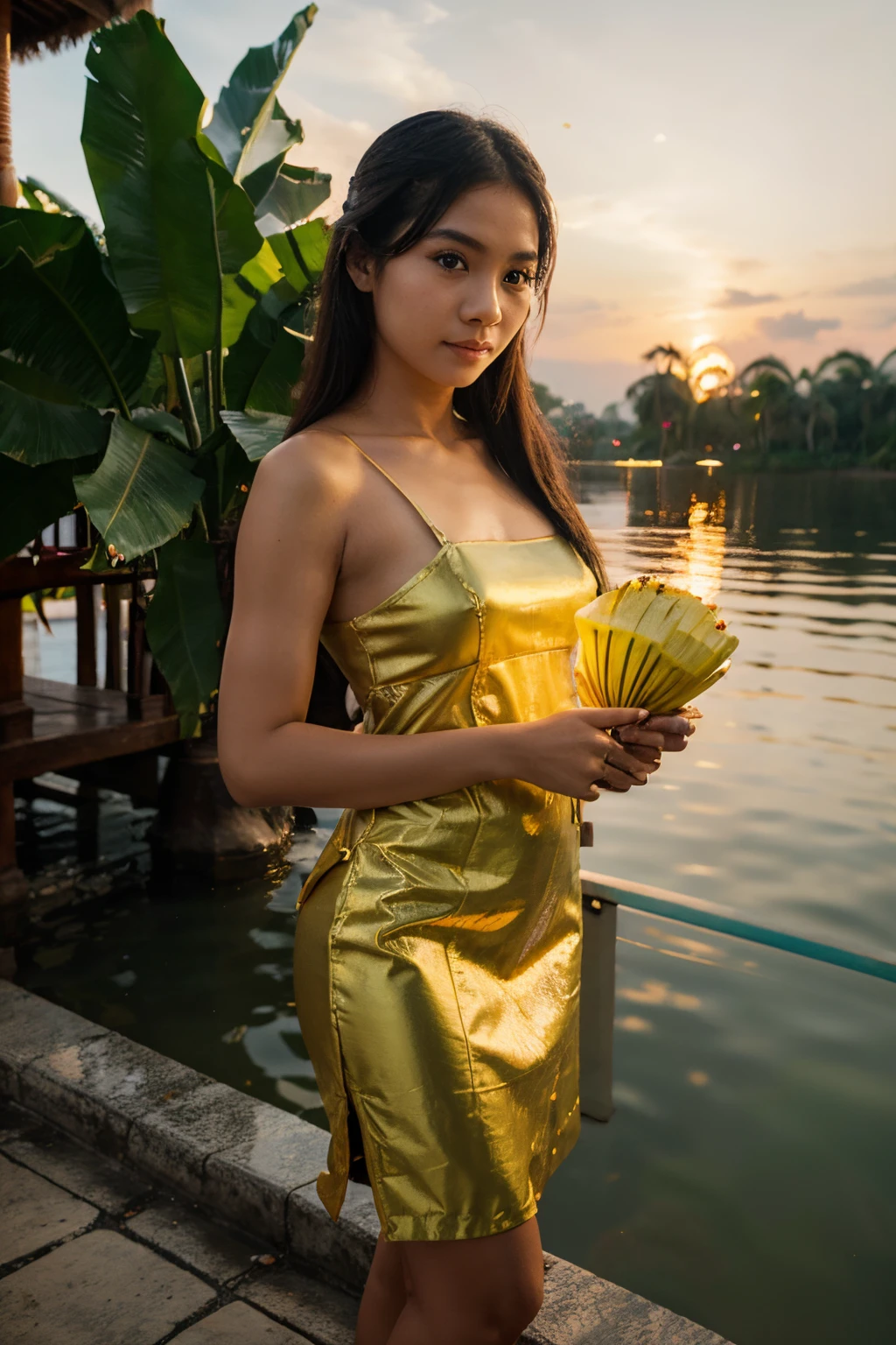 Beautiful girl wearing Thai dress In a hand holding a banana leaf krathong standing by the water The backdrop is a beautiful Thai temple.