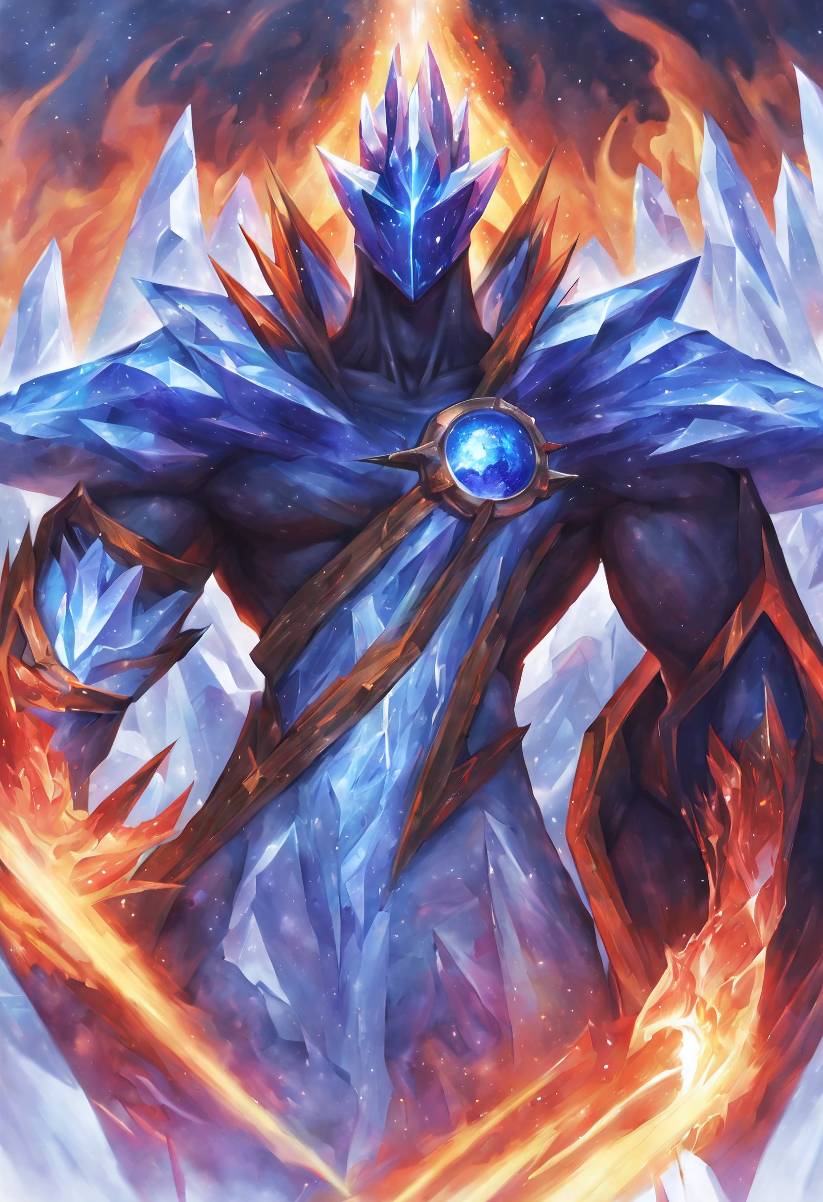 best aesthetic,lolsplashart,a being made out of ice,god like body,cosmic god,cool chest,cool body,badass body,cape,fire spikes made out of the material of crystals,white background,badass,musclar,non-human face,zero face,covered up face,dark-skinned,final boss