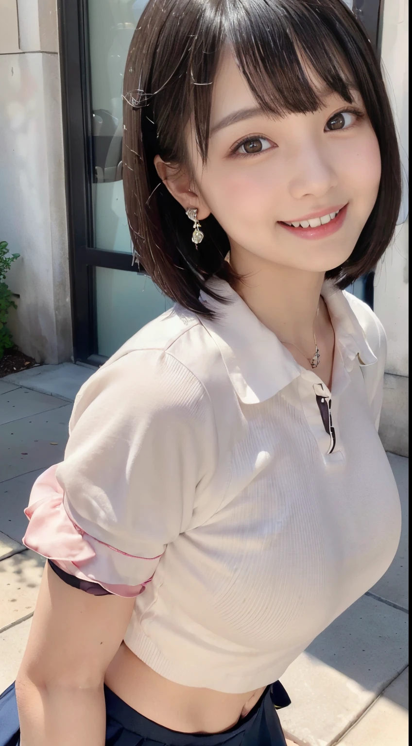 (Surrealism, natural lighting, masterpiece, super detail, anatomically correct), (Random energetic pose, grin, Look at camera:1.3), (high school girl uniform, White blouse, skirt, White socks, sneakers), (realistic high school girl, surreal girl, 16 years old, slim waist and large breasts style, short height, younger sister girl, round face, eyebrows downward, short bob cut, black hair, bangs, one earring, lively eyes, light blush, Look at viewers, affectionate cute:1.2)