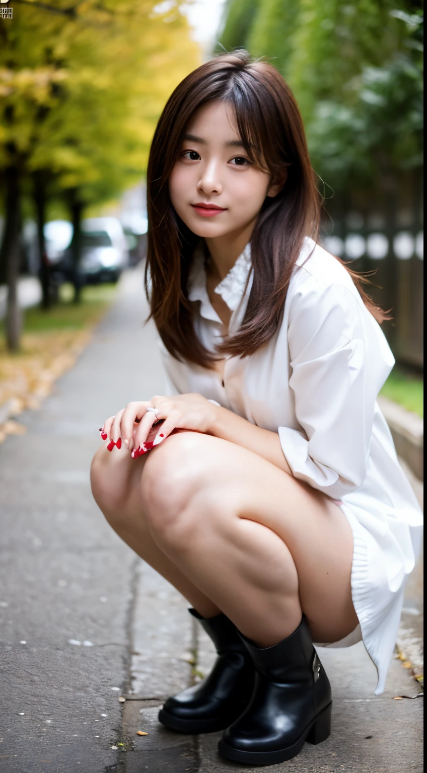 Best-quality, Masterpiece, Ultra-High-Resolution, (Photorealistic:1.4), Raw-Photo, Extremely-Details, Perfect-Anatomy, 1girl, 16-years-old, the most popular Japanese idol, at autumn street, full-body-shot, upturned ass, (wearing knee-high-boots, pleated-miniskirt, white blouse with frills and short trench coat), extremely beautiful hip, extremely beautiful thighs, extremely beautiful legs, extremely beautiful body, extremely beautiful medium breasts, extremely cute face, extremely beautiful black solid circle eyes, extremely beautiful long eyelashes, extremely beautiful hair, detailed beautiful hip, detailed beautiful thighs, detailed pleated-miniskirt, detailed knee-high-boots, detailed beautiful legs, detailed beautiful body, detailed white blouse with frills, detailed beautiful medium breasts, detailed short trench coat, detailed cute face, detailed beautiful black solid circle eyes, detailed beautiful long eyelashes, detailed beautiful hair