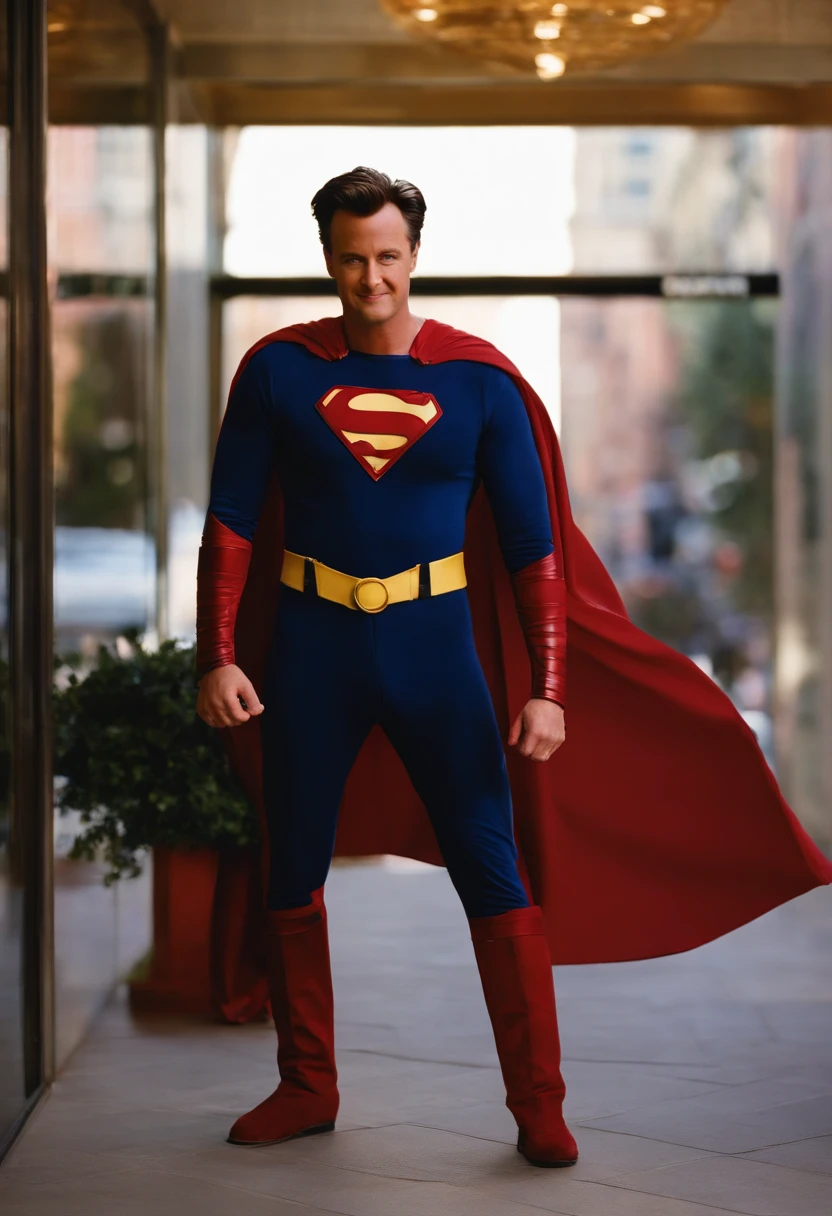 A photo of Chandler in a superhero costume, striking a dramatic pose,Friends TV Show,Chandler Bing, a character from the popular TV sitcom “Friends,” has a lean build and a boyish appearance, often characterized by his short, neatly styled hair and a sarcastic smile. His fashion is typically casual and unassuming, reflecting his laid-back and somewhat self-deprecating personality.