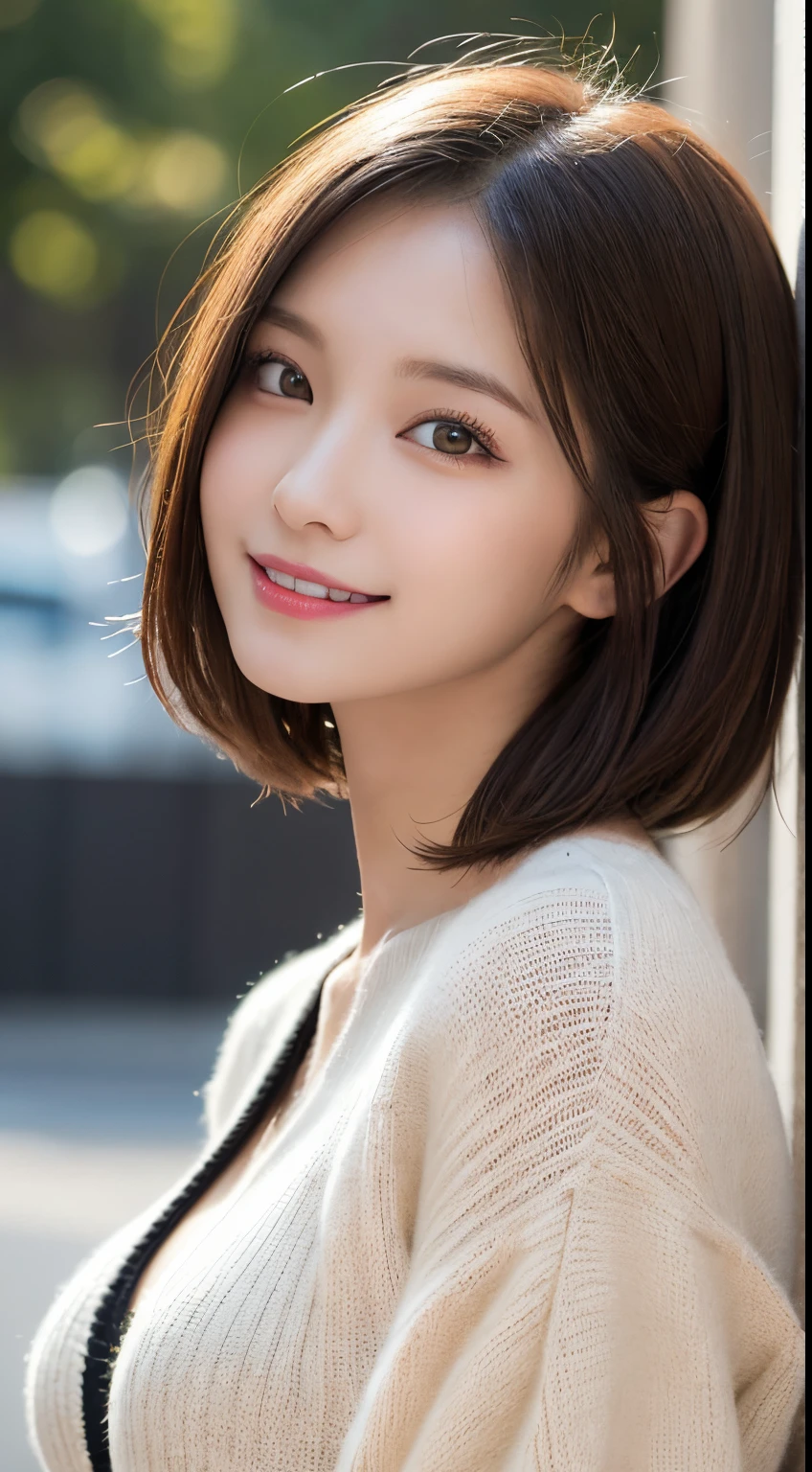 ((masterpiece)), ((Highest quality)), ((Complex)), ((Surreal)), (Realistic), (Mature Woman), ((No classes)), Very detailed, (1 female), Beautiful and exquisite, (Beautiful Teeth), Grin, Brunette bob hair, Brown eyes, ((blouse)), (Upper Body), (background:none), Perfect Eyes, Captivating eyes, Looking at the audience