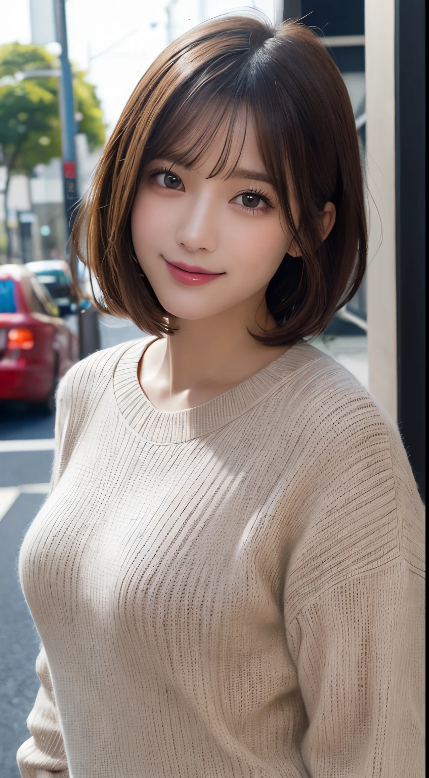 masutepiece, Best Quality, Illustration, Ultra-detailed, finely detail, hight resolution, 8K Wallpaper, Perfect dynamic composition, Beautiful detailed eyes, Women's Fashion,Very short hair,Small breasts natural color lip, Bold sexy poses,Smile,Harajuku、20 years girl、Cute、Sexy shot looking at camera、Knitted sweaters