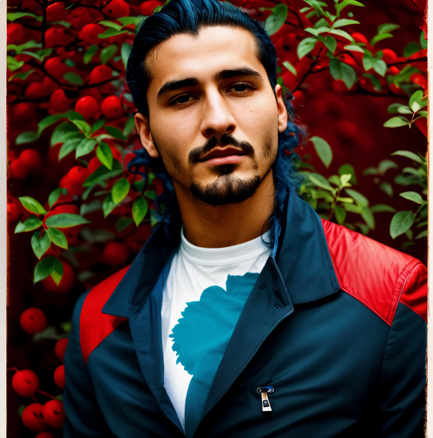 arafed man with long blue hair and a red jacket standing in front of a bush, headshot profile picture, sayem reza, profile shot, a man wearing a red jacket, taken in the early 2020s, avan jogia angel, shabab alizadeh, around 1 9 years old, mohamed chahin, with his long black hair