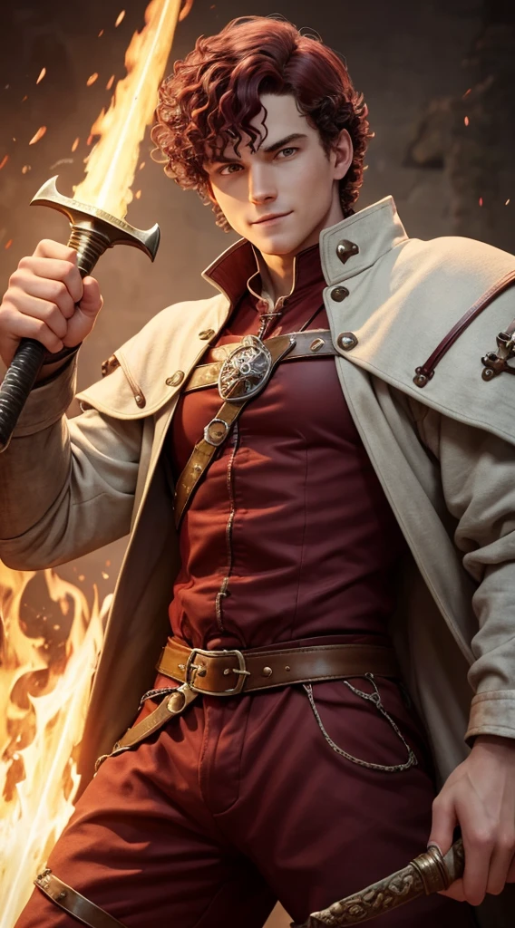 White boy wearing a medieval jacket, medieval peasant pants, medieval pants, 1.67 tall. proportional muscles, maroon eyes, curly maroon hair, evil look, sarcastic smile, medieval environment in a pose with a fire sword in his hand.