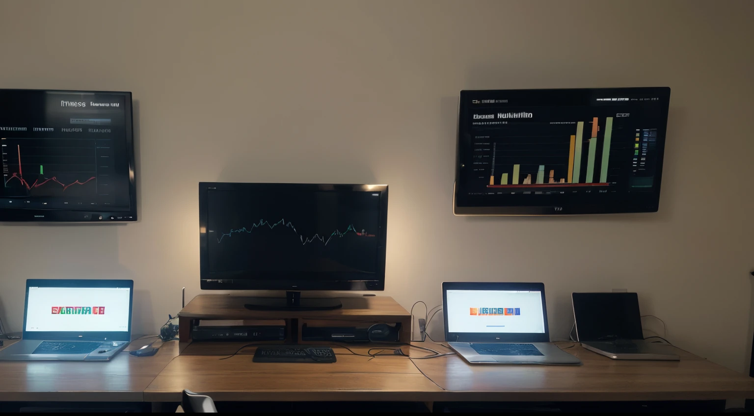 multiple labtops on desk connected by lan wires and a TV Wall showing dashboard of bar charts in the background