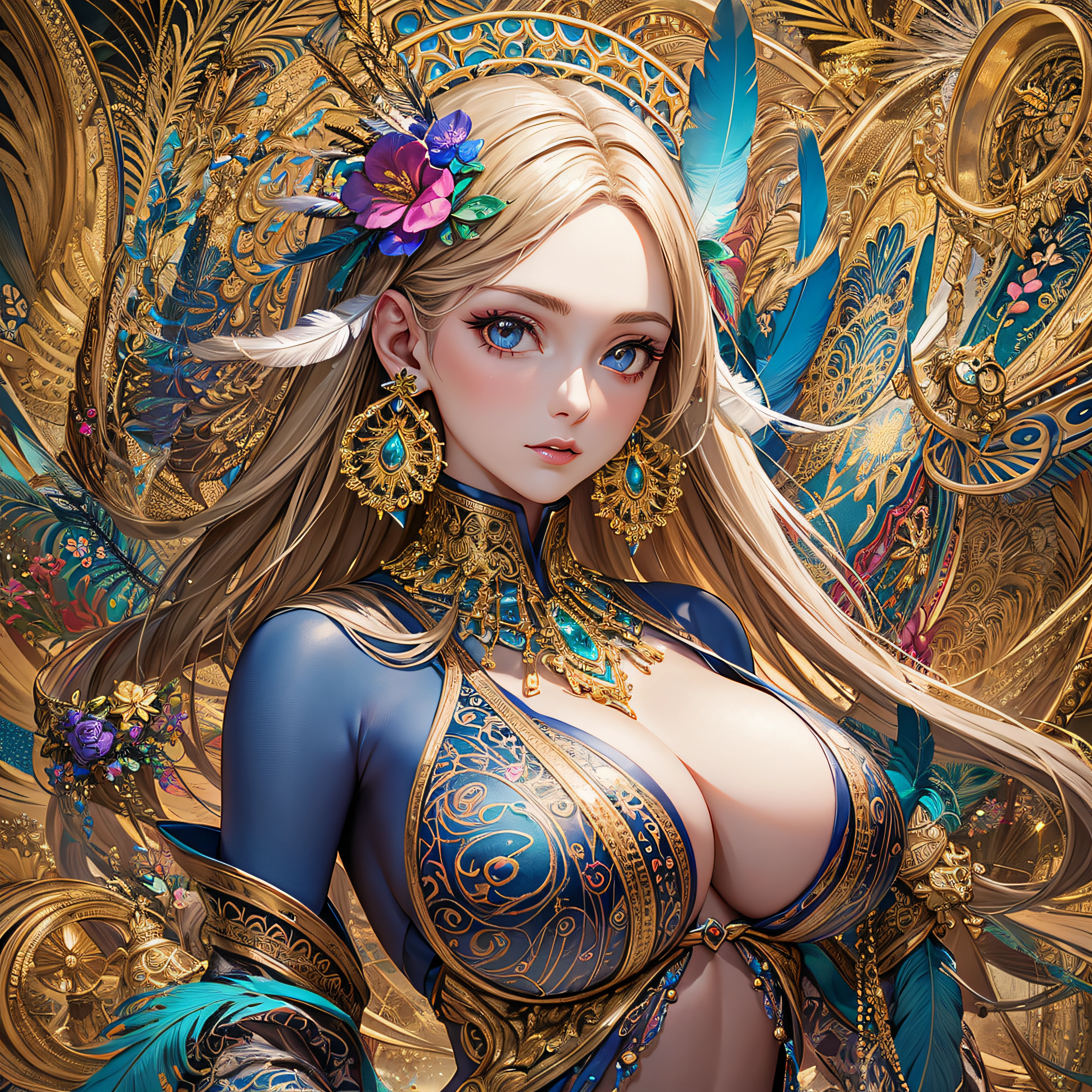 girl with,Huge breasts,off shoulders,Golden hair,Colored feathers,metal ornaments,colorful flower,Particle,Rays of Light,(masutepiece, of the highest quality, Best Quality, Official art, Beautiful and aesthetic:1.2), (1girl in:1.3), Extremely detailed,(Fractal Art:1.1),(Colorful:1.1)(Flowers:1.3),highest details,(Zentangle:1.2), (Dynamic Pose), (Abstract background:1.3), (Shiny skin), (Many colors:1.4), ,(earrings:1.4), (Feathers:1.4)