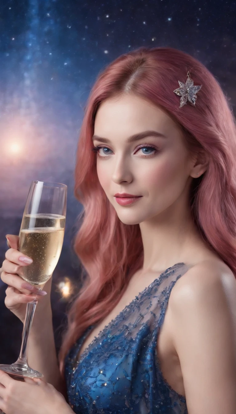 (a woman,beautiful face,long eyelashes,pink long hair,blue pupils,gemstone necklace,low-cut evening gown,holding a glass of champagne,red evening gown,starry sky,elegant,surreal art)