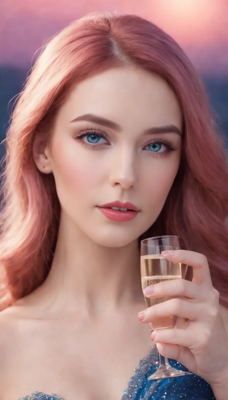 (a woman,beautiful face,long eyelashes,pink long hair,blue pupils,gemstone necklace,low-cut evening gown,holding a glass of champagne,red evening gown,starry sky,elegant,surreal art)