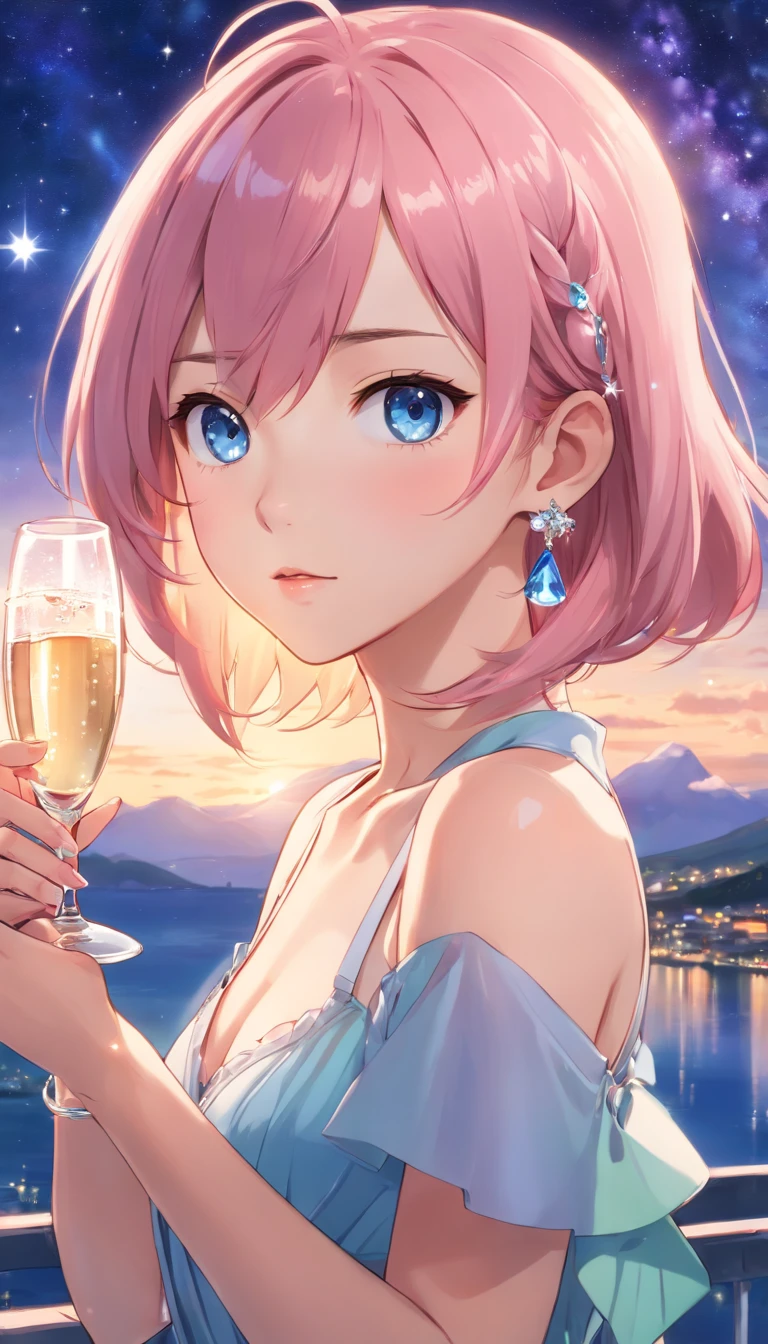 (best quality,4k,highres,masterpiece:1.2),(realistic,photorealistic,photo-realistic:1.37),a woman,beautiful face,detailed blue eyes,detailed lips,long pink hair,jeweled necklace around her neck,wearing a low-cut evening gown,holding a glass of champagne,starry night sky,elegant,surreal art