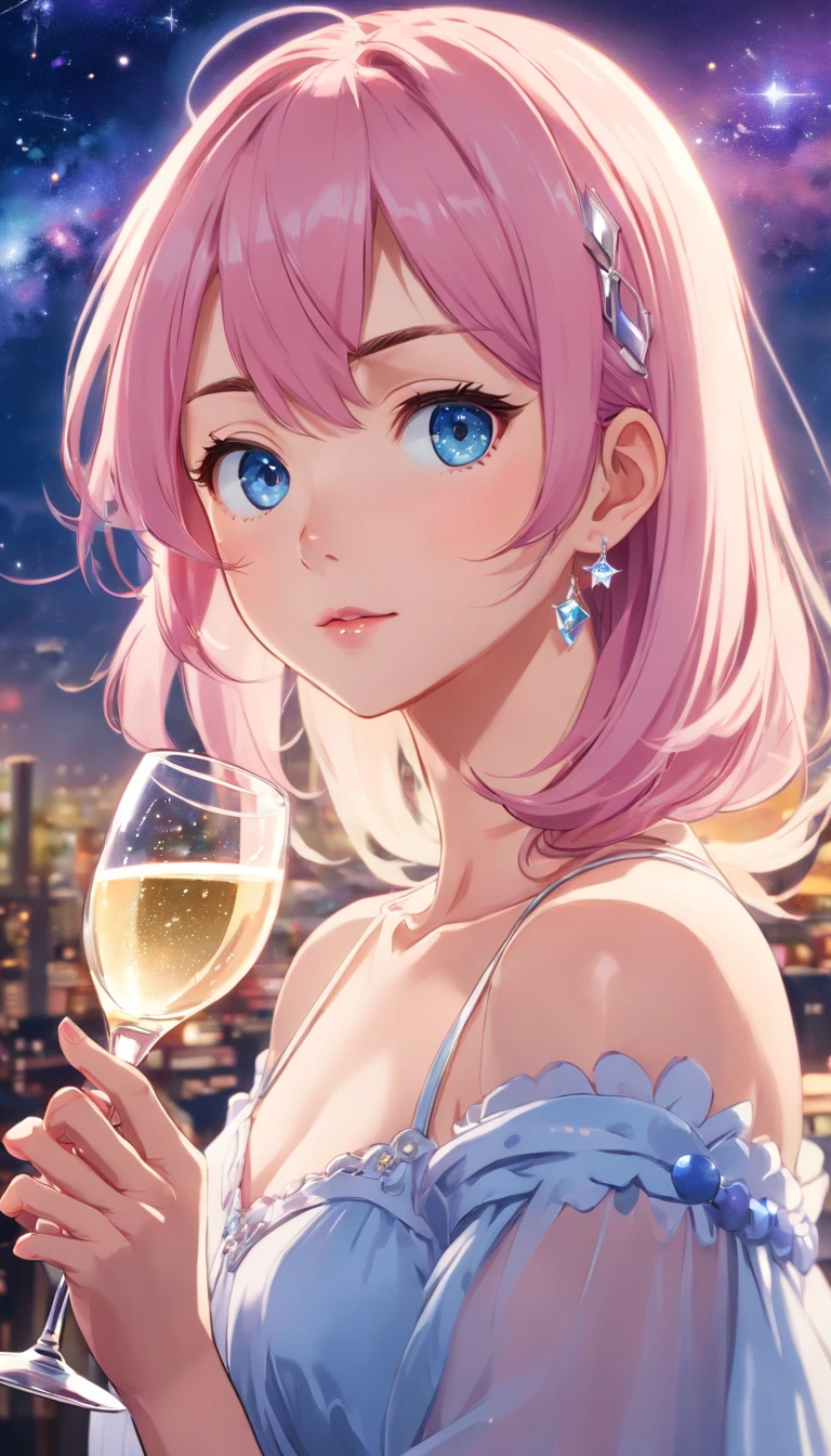 (best quality,4k,highres,masterpiece:1.2),(realistic,photorealistic,photo-realistic:1.37),a woman,beautiful face,detailed blue eyes,detailed lips,long pink hair,jeweled necklace around her neck,wearing a low-cut evening gown,holding a glass of champagne,starry night sky,elegant,surreal art