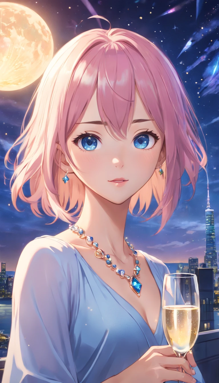 (best quality,4k,highres,masterpiece:1.2),(realistic,photorealistic,photo-realistic:1.37),a woman,beautiful face,detailed blue eyes,detailed lips,long pink hair,jeweled necklace around her neck,wearing a low-cut evening gown,holding a glass of champagne,starry night sky,elegant,surreal art