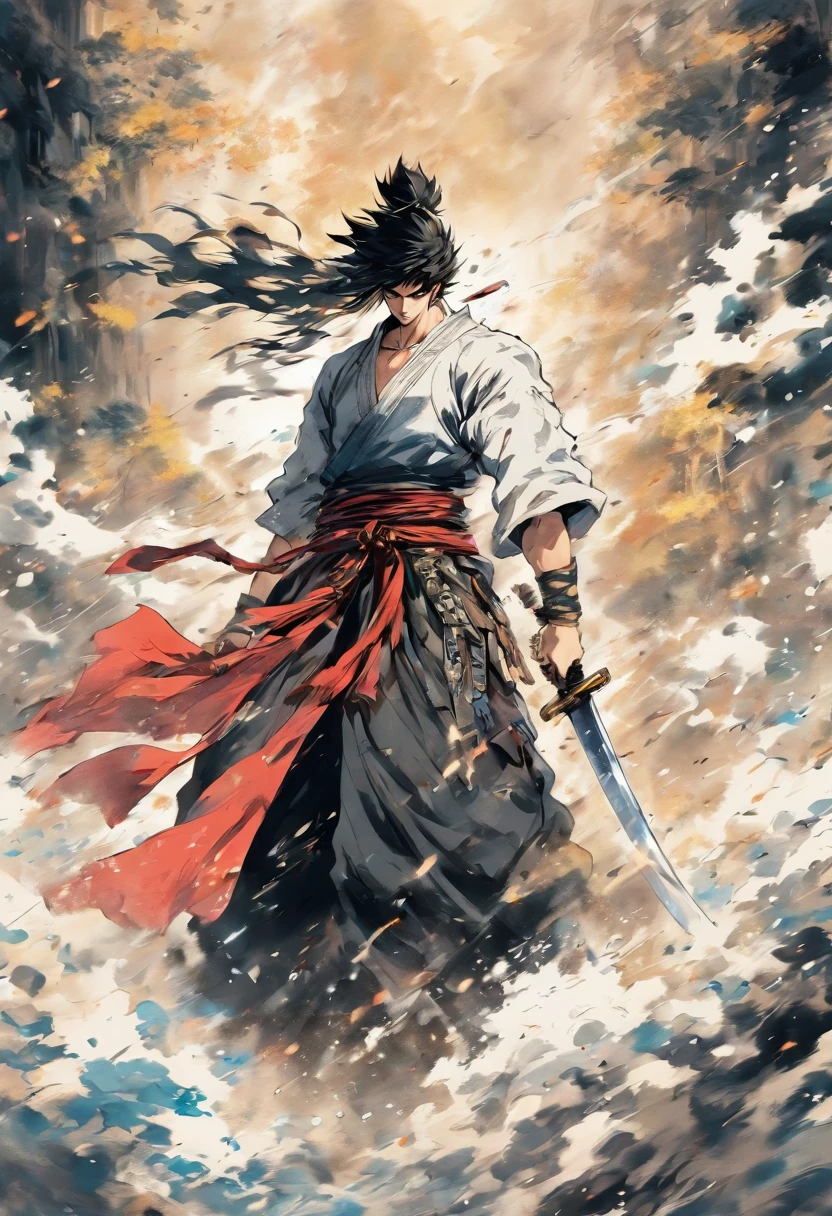 The swordsman walked in the strong wind with a sword in his hand, ink painting style, Black and white composition