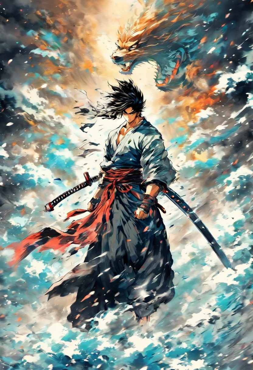 The swordsman walked in the strong wind with a sword in his hand, ink painting style, Black and white composition