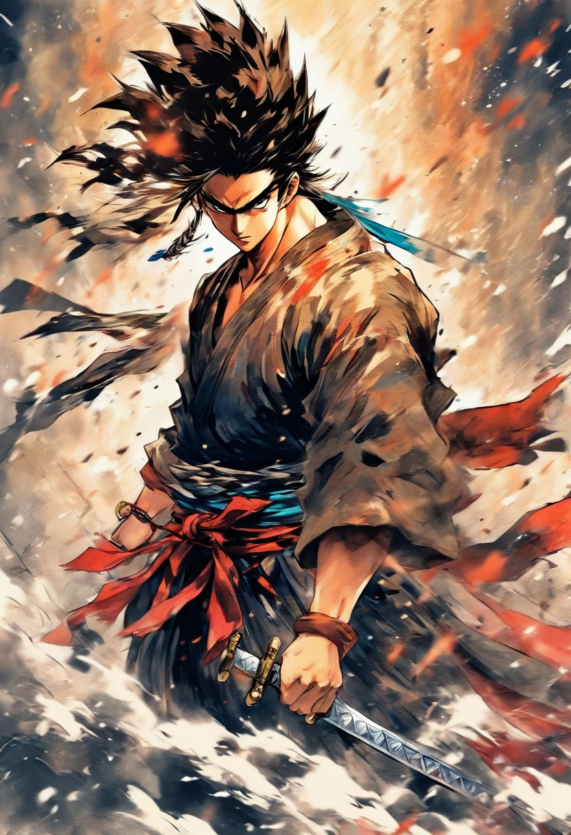 whole body,smile,Medium Hair,Samurai,Black kimono,(haori),(Intense sword fighting scene with outstretched arms),Drawing strokes drawn with rot ring 0,Dynamic movement and powerful brushstrokes、splash,
