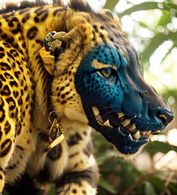 a close up of a cheetah with a blue face and a big teeth, (portrait of anthro leopard), (muscular humanoid wearing cheetah hide:1.5), angry face expression, spotted ultra realistic, body in full, portrait of a zentaur, head shot, tyrannosarus sex, avatar image, profile shot, alosaurus