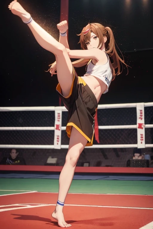 (masterpiece:1.5,NSFW), high quality, very high resolution, perfect anatomy, detailed,realistic,(Transparent of light:1.3), dispersion of light, diffraction of light,dynamic pose, Dutch angle,best hand:1.5, ((1 cute Fighting girl)), 20 years old, cute An enthusiastic face,small breath:1.2,((karate gi, very short brown hair)), (((she is fighting:1.5,punching or kicking:1.2))), (karate dojo:1.2,tatami:1.2),