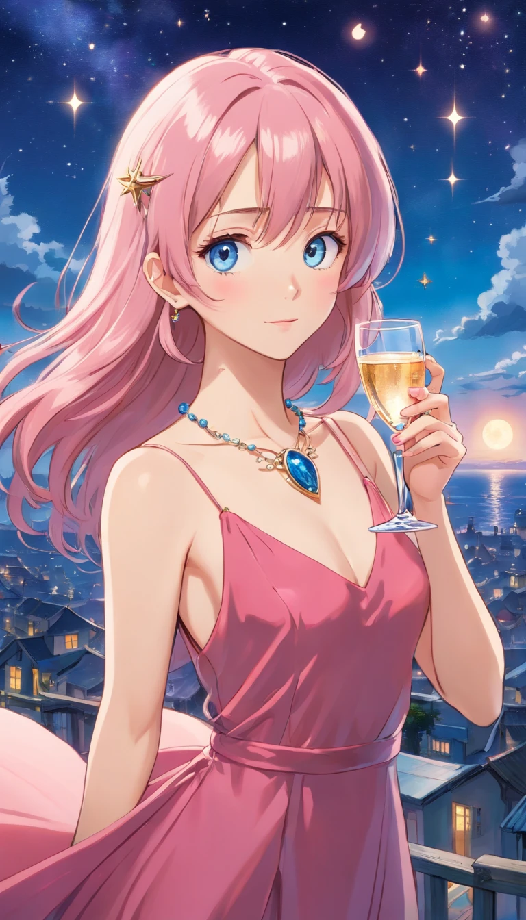 (best quality,ultra-detailed,photorealistic:1.37),a woman with a beautiful face,long eyelashes,pink long hair,blue eyes,necklace with gemstones, wearing a low-cut evening dress,holding a glass of champagne,red evening dress,in a starry sky,elegant, surreal artwork
