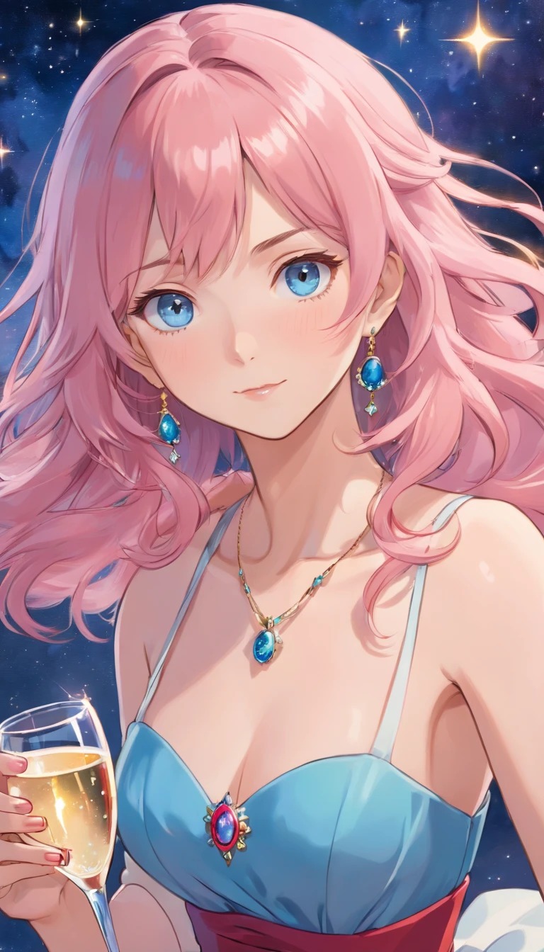 (best quality,ultra-detailed,photorealistic:1.37),a woman with a beautiful face,long eyelashes,pink long hair,blue eyes,necklace with gemstones, wearing a low-cut evening dress,holding a glass of champagne,red evening dress,in a starry sky,elegant, surreal artwork