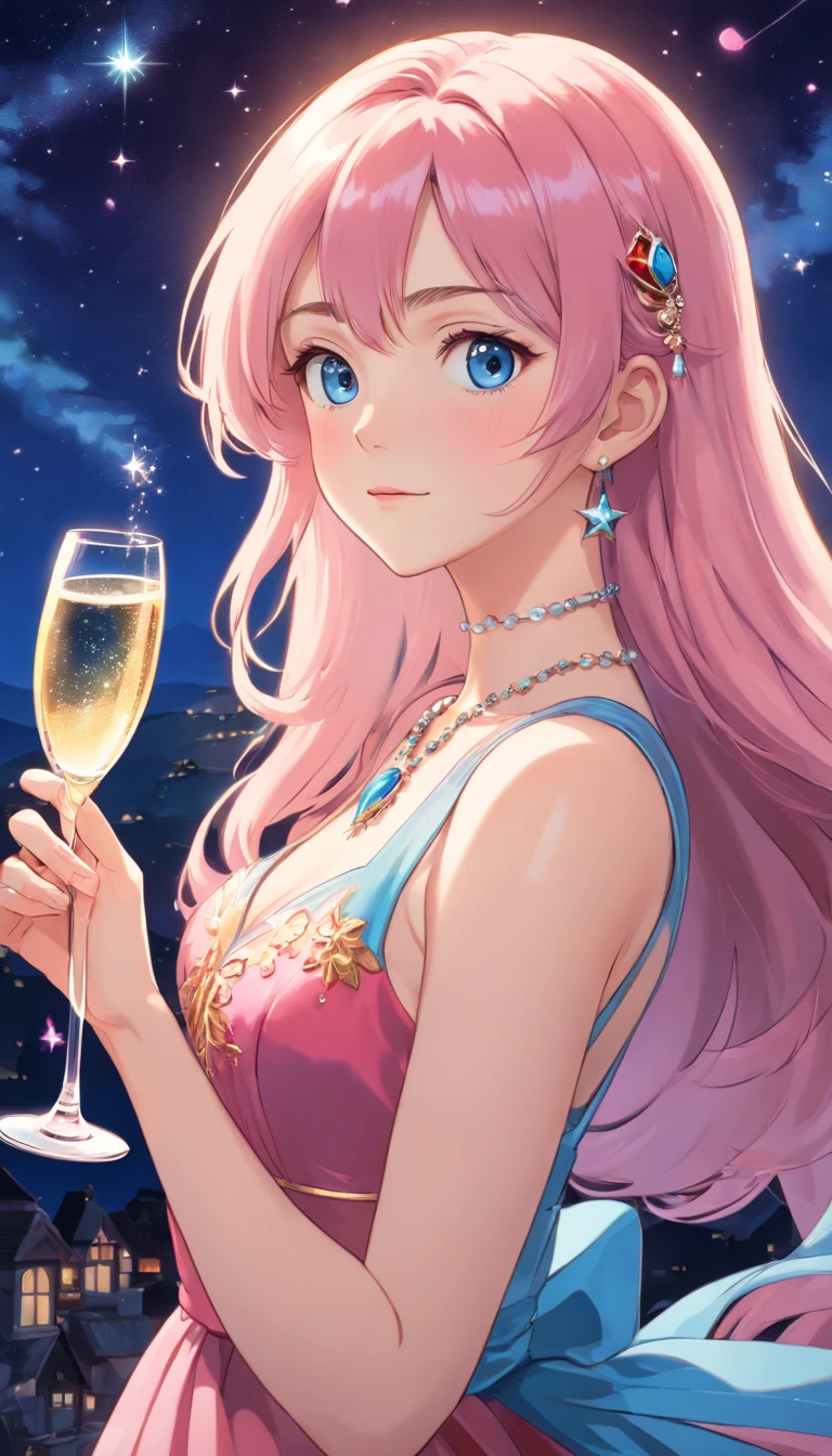 (best quality,ultra-detailed,photorealistic:1.37),a woman with a beautiful face,long eyelashes,pink long hair,blue eyes,necklace with gemstones, wearing a low-cut evening dress,holding a glass of champagne,red evening dress,in a starry sky,elegant, surreal artwork