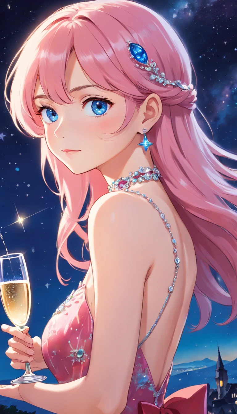 (best quality,ultra-detailed,photorealistic:1.37),a woman with a beautiful face,long eyelashes,pink long hair,blue eyes,necklace with gemstones, wearing a low-cut evening dress,holding a glass of champagne,red evening dress,in a starry sky,elegant, surreal artwork