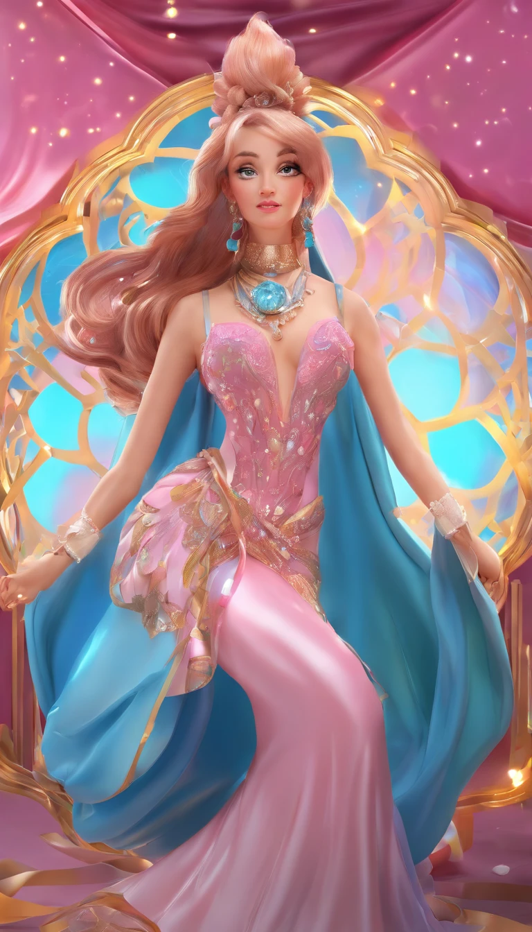 A woman who is,beauitful face,Blue pupil,Pink Long Hair,A gemstone necklace is worn around his neck,Wearing a low-cut evening gown,Hand holding a glass of champagne,Red low-cut evening dress,A starry sky,ellegance,Surreal art