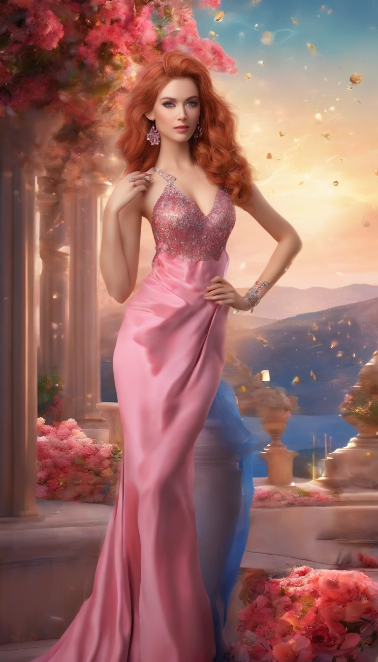 (best quality,ultra-detailed,realistic:1.37) A woman with a beautiful face, mesmerizing blue eyes, and long, flowing pink hair, wearing a low-cut evening dress. She adorns her neck with a dazzling gemstone necklace and holds a glass of champagne in her hand. The dress she wears is a stunning red evening gown. The scene is set against a starry sky, creating a sense of elegance and surrealism. 

[portrait] [long-flowing hair] [mesmerizing blue eyes] [gemstone necklace] [low-cut evening dress] [glass of champagne] [red evening gown] [starry sky] [elegant] [surreal art]