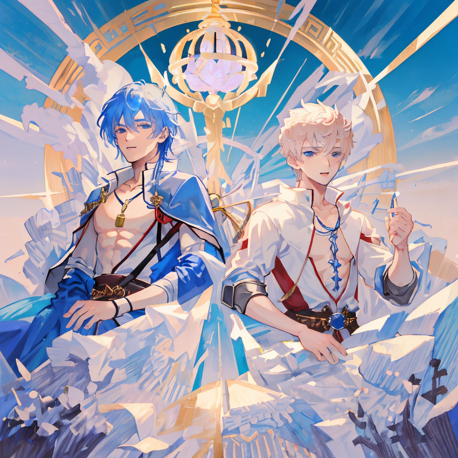 best quality,masterpiece, extremely masculine muscular man,illustration,ultra-detailed,(full view),(((character(((1boy)))))),beautiful clevage body, smile,eyes(glowing), beautiful blue eyes,pale blonde shiny hair at eyebrow level,blue loose backless dress with gold chest armor and belt strap,throne room,trending on CGSociety,trending on artstation, art by (Ryoji Ohara:1.2) and (Akihiko Yoshida:1.2),(nsfw,bulge:1.3), medieval armor,dimly lit, puffy pink nipples