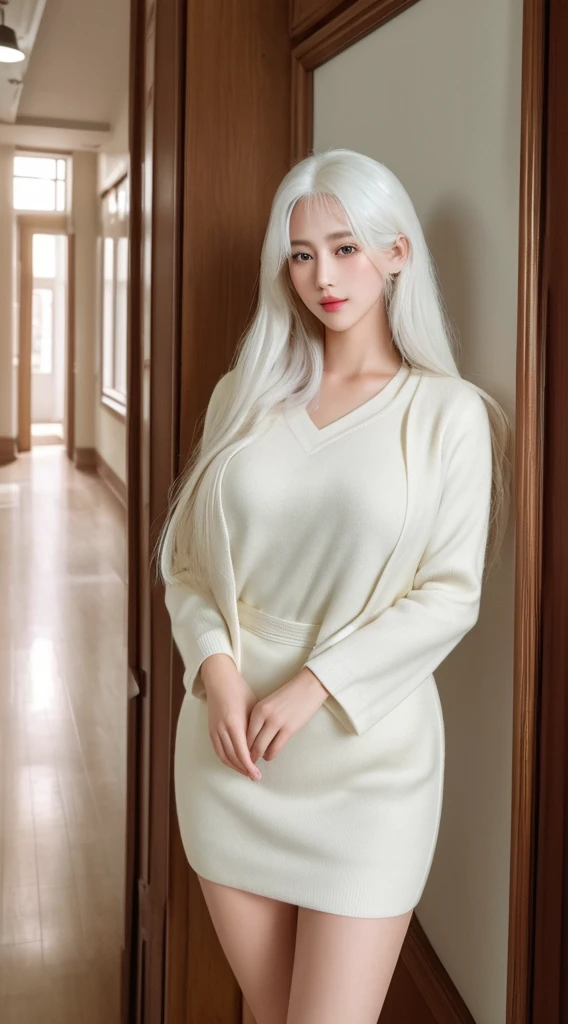 A tall, white-haired beauty in a school setting, with (best quality, 4k, 8k, highres, masterpiece:1.2) ultra-detailed, (realistic, photorealistic, photo-realistic:1.37) features. Her eyes are mesmerizing, with intricate details. Her lips are beautifully defined, capturing attention. The girl is confidently standing in the hallway, with a proud and elegant posture. She has a gentle smile, radiating warmth and approachability. The school background is bustling with students, showcasing a lively atmosphere. The lighting is soft and natural, creating a warm and inviting mood. The overall color tone is vibrant with a touch of nostalgia. The artwork is a mix of illustration and photography, creating a unique artistic style.