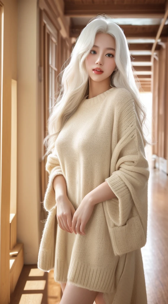 A tall, white-haired beauty in a school setting, with (best quality, 4k, 8k, highres, masterpiece:1.2) ultra-detailed, (realistic, photorealistic, photo-realistic:1.37) features. Her eyes are mesmerizing, with intricate details. Her lips are beautifully defined, capturing attention. The girl is confidently standing in the hallway, with a proud and elegant posture. She has a gentle smile, radiating warmth and approachability. The school background is bustling with students, showcasing a lively atmosphere. The lighting is soft and natural, creating a warm and inviting mood. The overall color tone is vibrant with a touch of nostalgia. The artwork is a mix of illustration and photography, creating a unique artistic style.