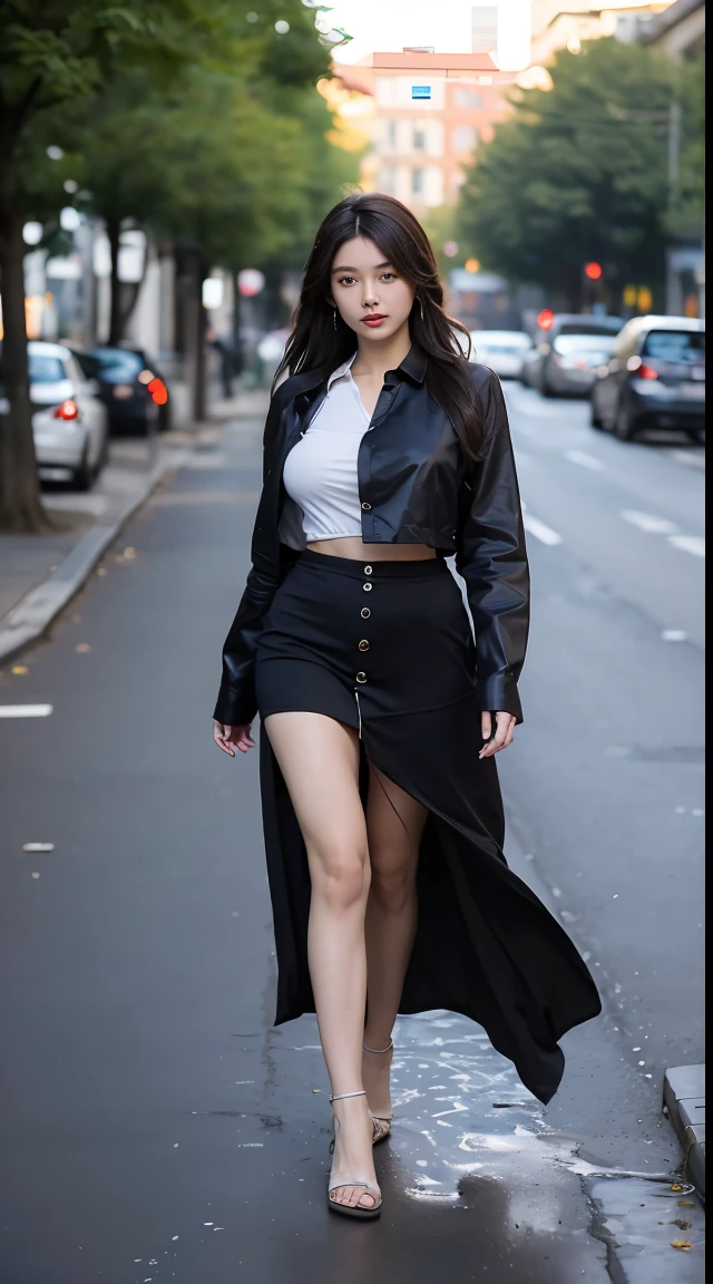 ((Best quality at best, 8K, tmasterpiece:1.3)), Sharp:1.2, Beautiful woman with perfect figure:1.4, Slim abs:1.2, ((Layered Hair Style,Colossal tits:1.3, )), (Long shirt with wet white buttons：1.1），（Sateen，the street：1.2），Soaked pubic hair：1.1，Highly Detailed Face and Skin Textur，full-body view, face to the viewer，You will let go of today’s persistence and reluctance，Leave with some regrets，
