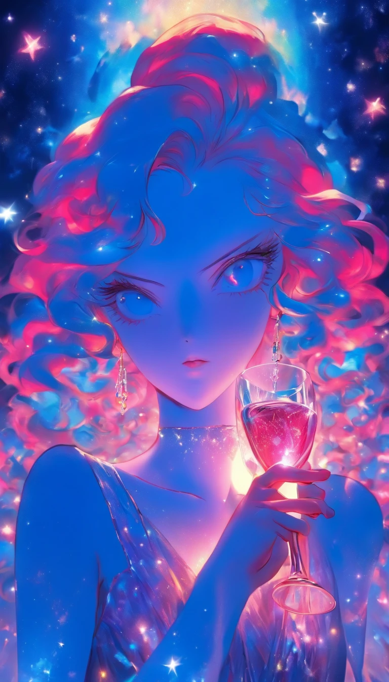A woman who is,beauitful face,Blue pupil,Pink Long Hair,A gemstone necklace is worn around his neck,Wearing a low-cut evening gown,Hand holding a glass of champagne,Red low-cut evening dress,A starry sky,ellegance,Surreal art